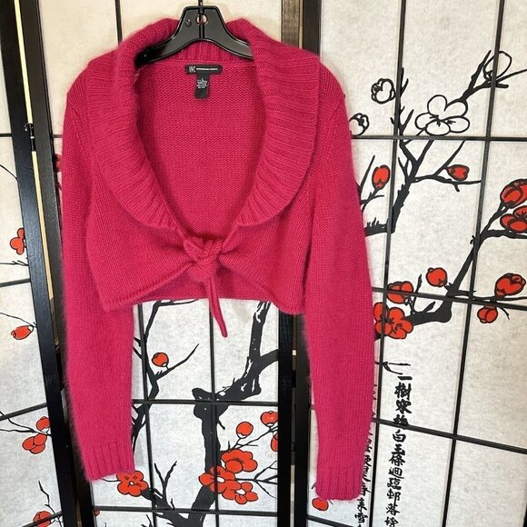 INC International Concepts Crop Tie Front Cardigan Sweater Angora Sz L Y2K Pink - Picture 1 of 5